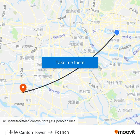 Canton Tower to Foshan map