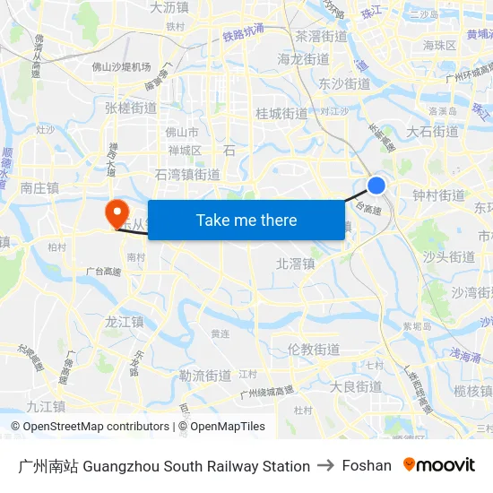 广州南站 Guangzhou South Railway Station to Foshan map