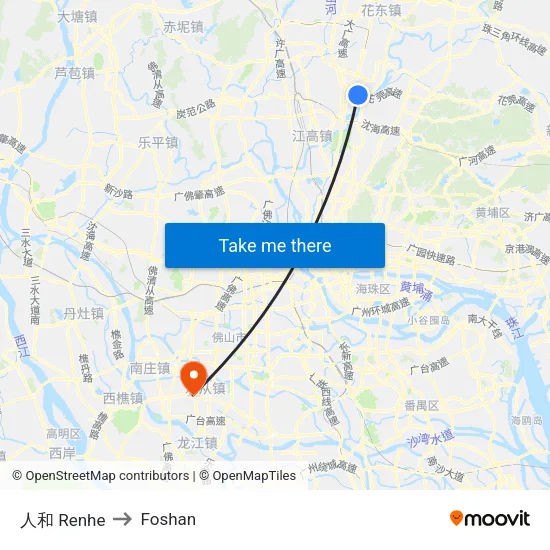 Renhe to Foshan map