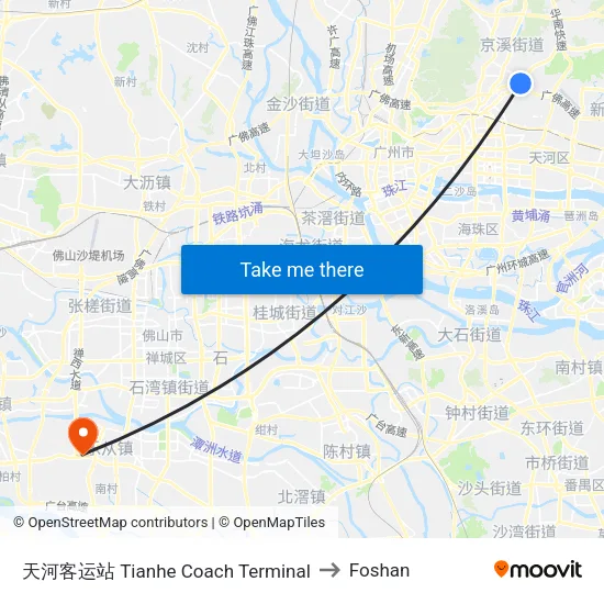 Tianhe Coach Terminal to Foshan map