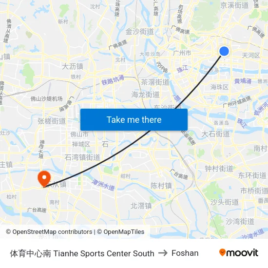 Tianhe Sports Center South to Foshan map