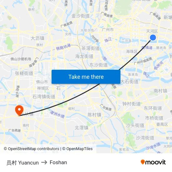 Yuancun to Foshan map
