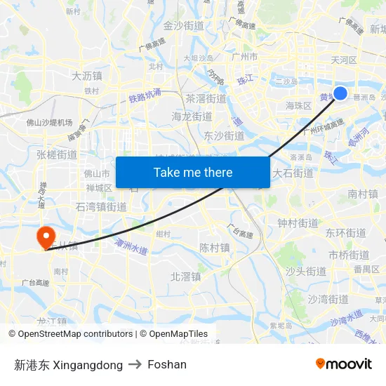 Xingangdong to Foshan map