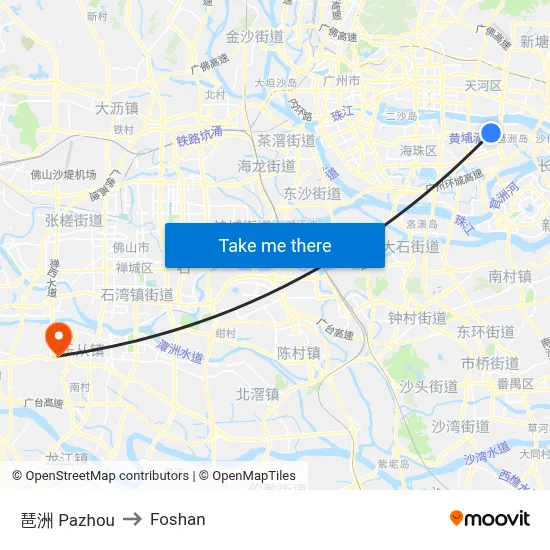 Pazhou to Foshan map