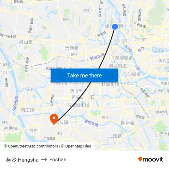 Hengsha to Foshan map
