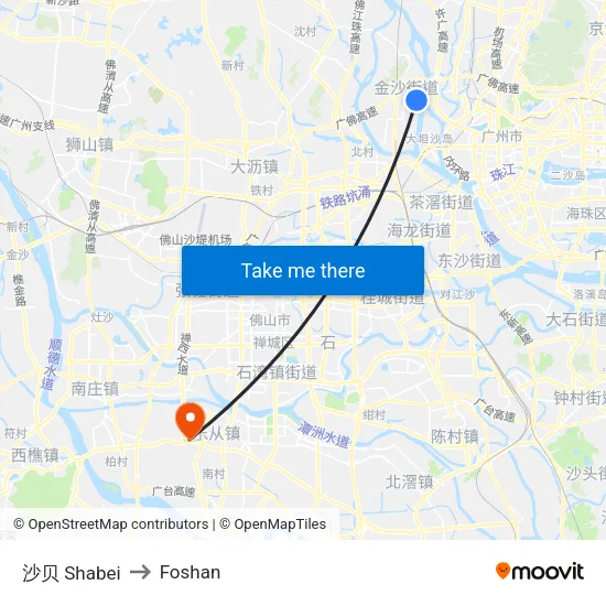 Shabei to Foshan map