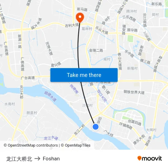 North of Longjiang Bridge to Foshan map