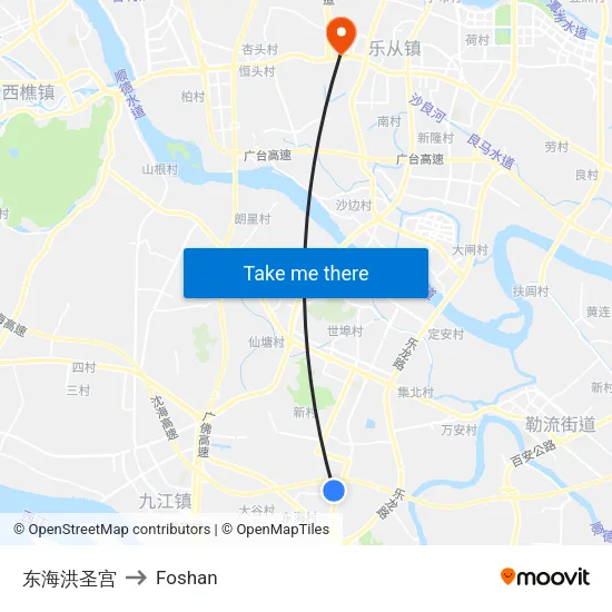 Donghai Hongsheng Temple to Foshan map
