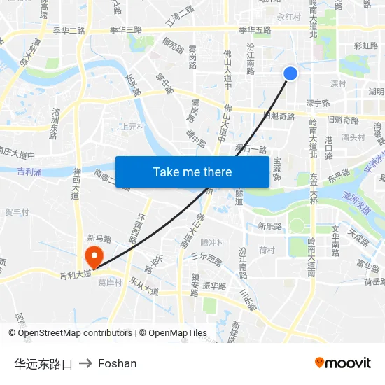 Huayuan East Intersection to Foshan map