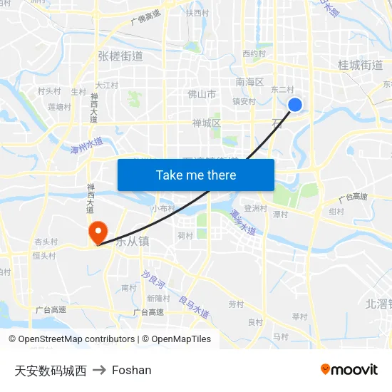 Tianan Digital City West to Foshan map