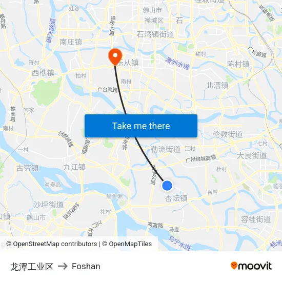 Longtan Industrial Zone to Foshan map