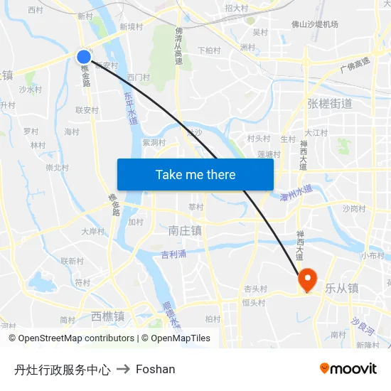 Danzao Administrative Service Center to Foshan map