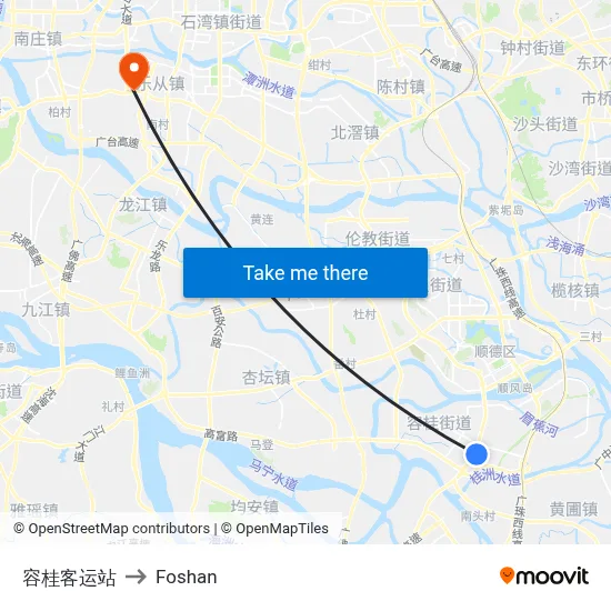 Ronggui Bus Station to Foshan map
