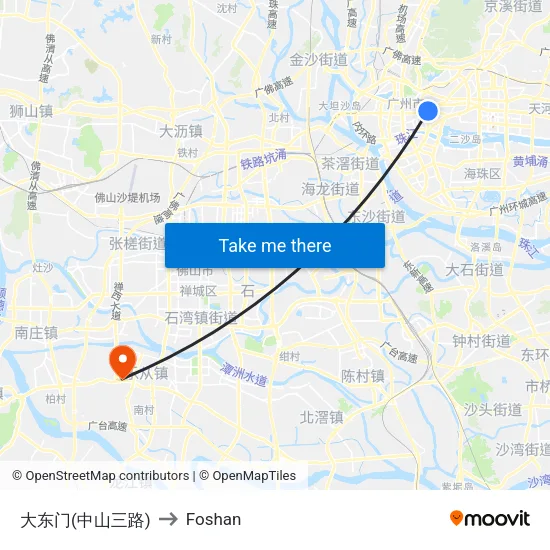East Gate (Zhongshan 3rd Road) to Foshan map