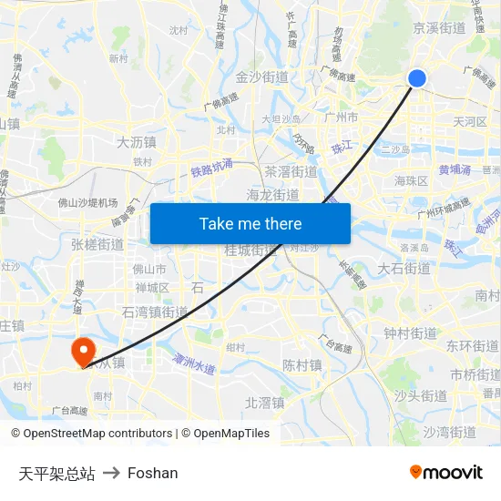 Tianping Bridge Terminal to Foshan map