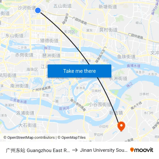 广州东站 Guangzhou East Railway Station to Jinan University South Campus map
