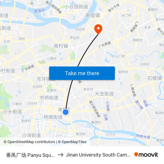 番禺广场 Panyu Square to Jinan University South Campus map