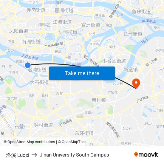 洛溪 Luoxi to Jinan University South Campus map