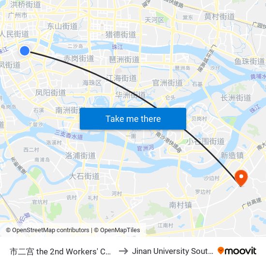 市二宫 the 2nd Workers' Cultural Palace to Jinan University South Campus map