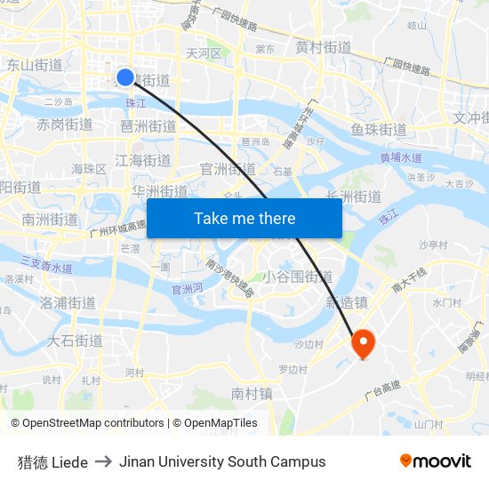 猎德 Liede to Jinan University South Campus map