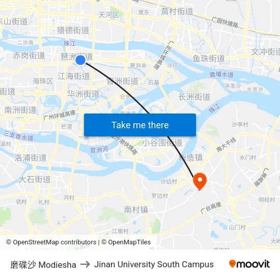 磨碟沙 Modiesha to Jinan University South Campus map
