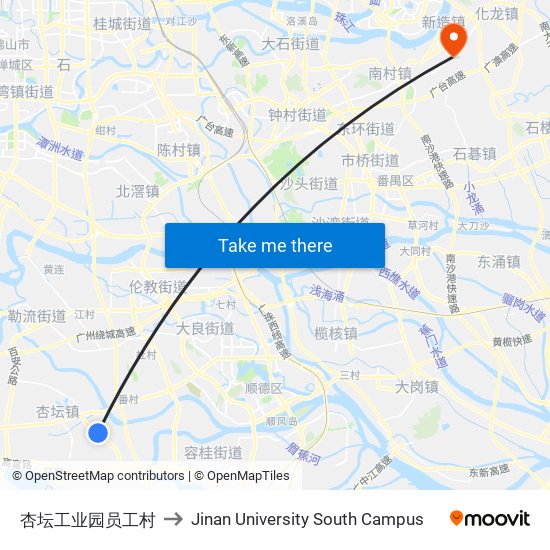 杏坛工业园员工村 to Jinan University South Campus map