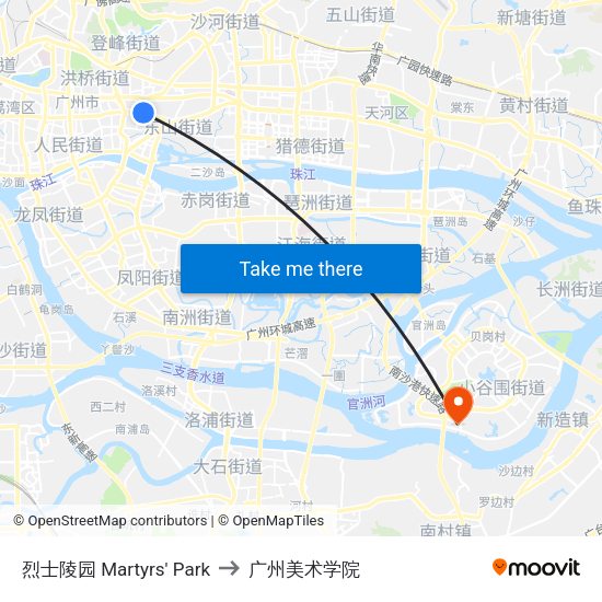 烈士陵园 Martyrs' Park to 广州美术学院 map