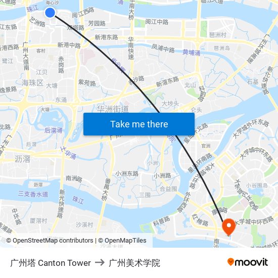 广州塔 Canton Tower to 广州美术学院 map