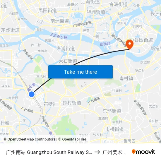 广州南站 Guangzhou South Railway Station to 广州美术学院 map