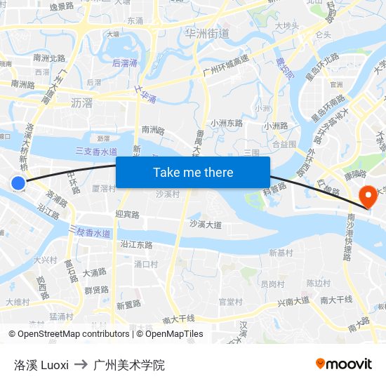 洛溪 Luoxi to 广州美术学院 map