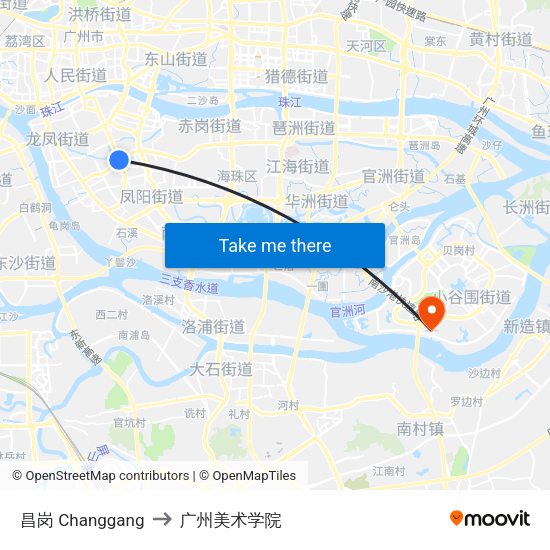 昌岗 Changgang to 广州美术学院 map