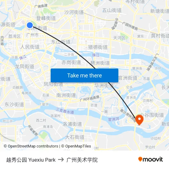 越秀公园 Yuexiu Park to 广州美术学院 map