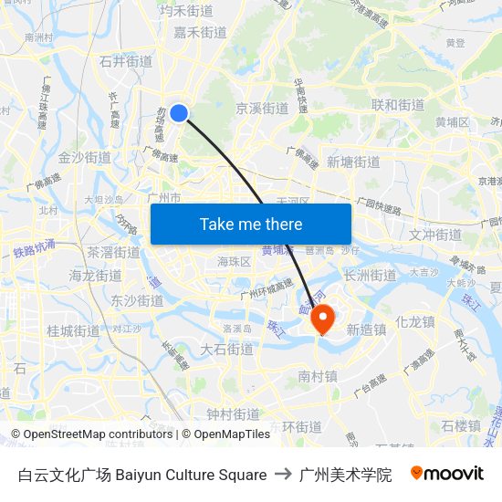 白云文化广场 Baiyun Culture Square to 广州美术学院 map