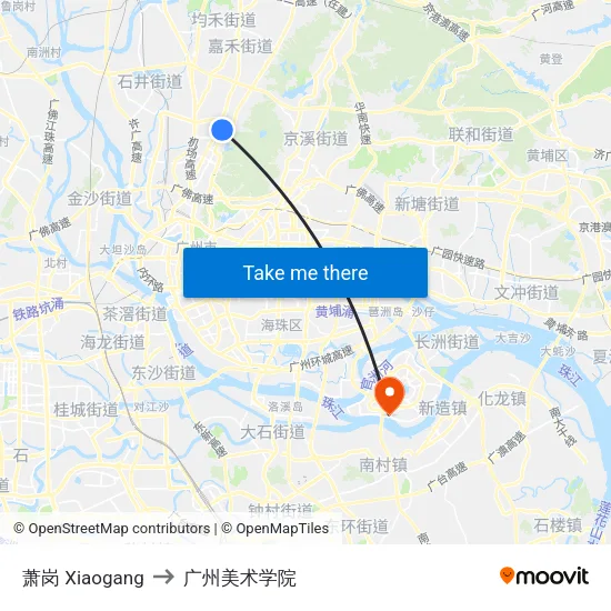 萧岗 Xiaogang to 广州美术学院 map