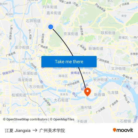 江夏 Jiangxia to 广州美术学院 map