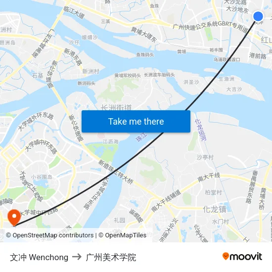 文冲 Wenchong to 广州美术学院 map