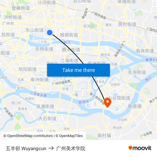 五羊邨 Wuyangcun to 广州美术学院 map