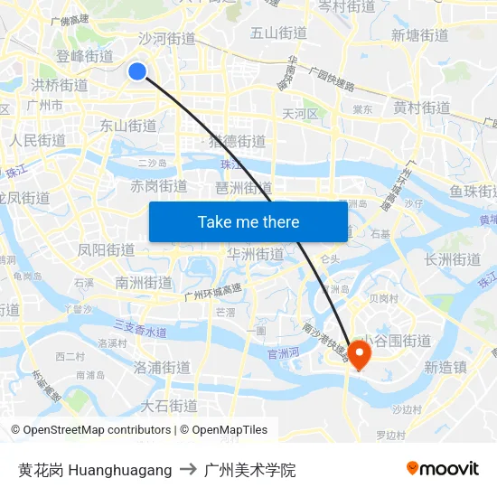 黄花岗 Huanghuagang to 广州美术学院 map