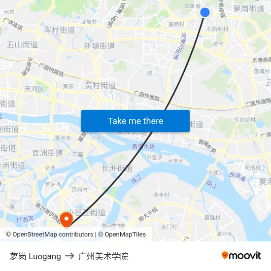 萝岗 Luogang to 广州美术学院 map