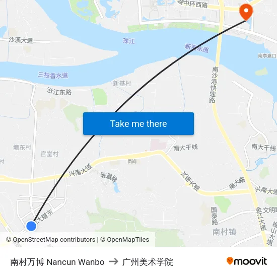 南村万博 Nancun Wanbo to 广州美术学院 map