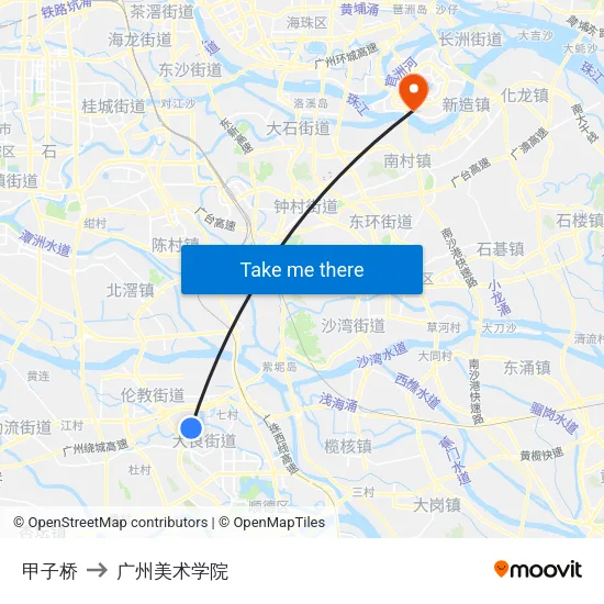 甲子桥 to 广州美术学院 map