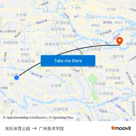 东区体育公园 to 广州美术学院 map