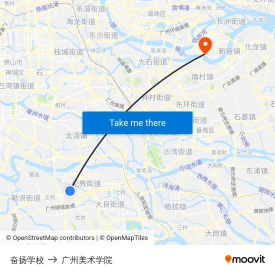 奋扬学校 to 广州美术学院 map