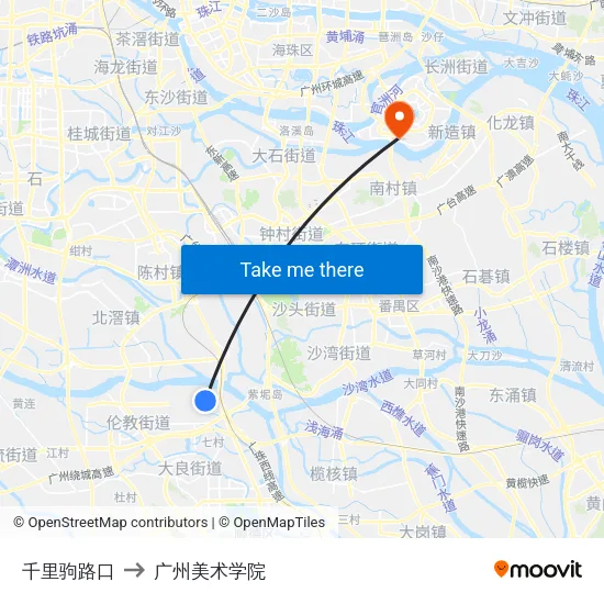 千里驹路口 to 广州美术学院 map