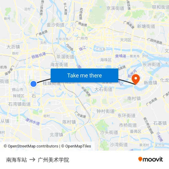 南海车站 to 广州美术学院 map