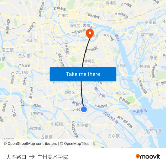 大雁路口 to 广州美术学院 map