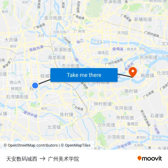 天安数码城西 to 广州美术学院 map