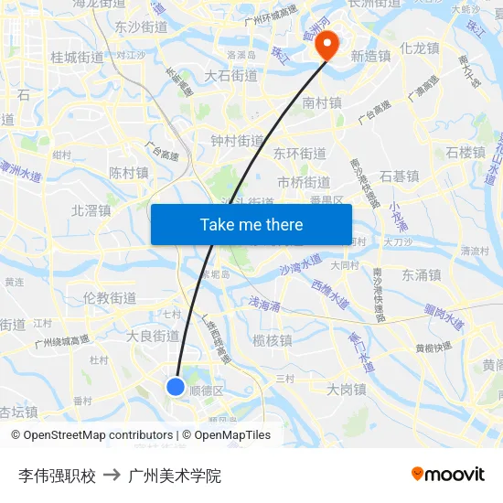 李伟强职校 to 广州美术学院 map