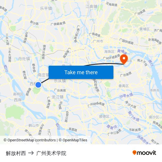 解放村西 to 广州美术学院 map