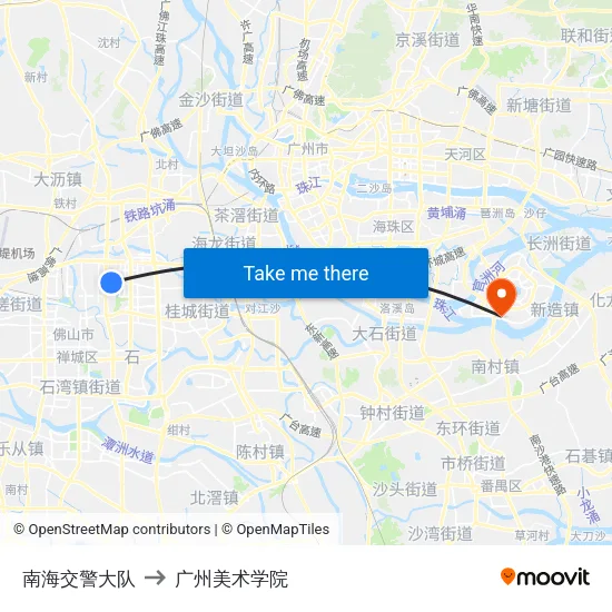 南海交警大队 to 广州美术学院 map